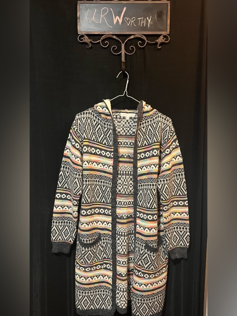 Monteau Los Angeles Hooded Cardigan – Aztec Geometric Print – Boho Style Medium